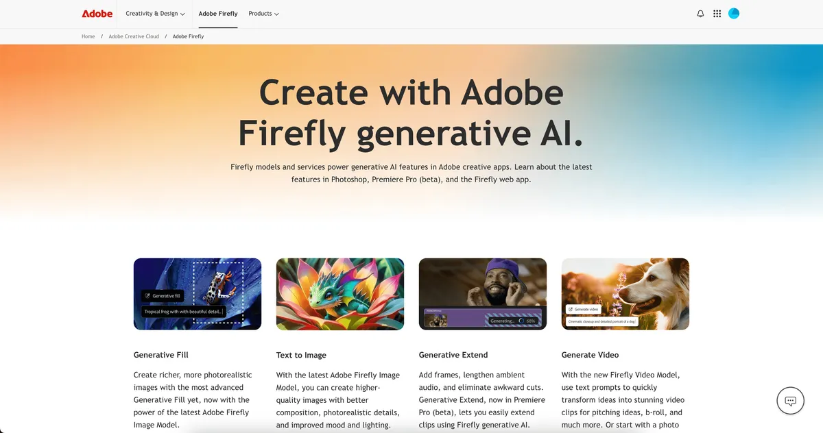Homepage van Adobe Firefly