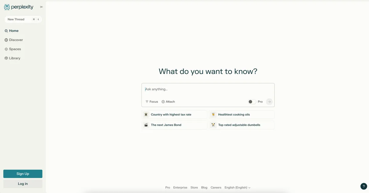 Homepage van Perplexity