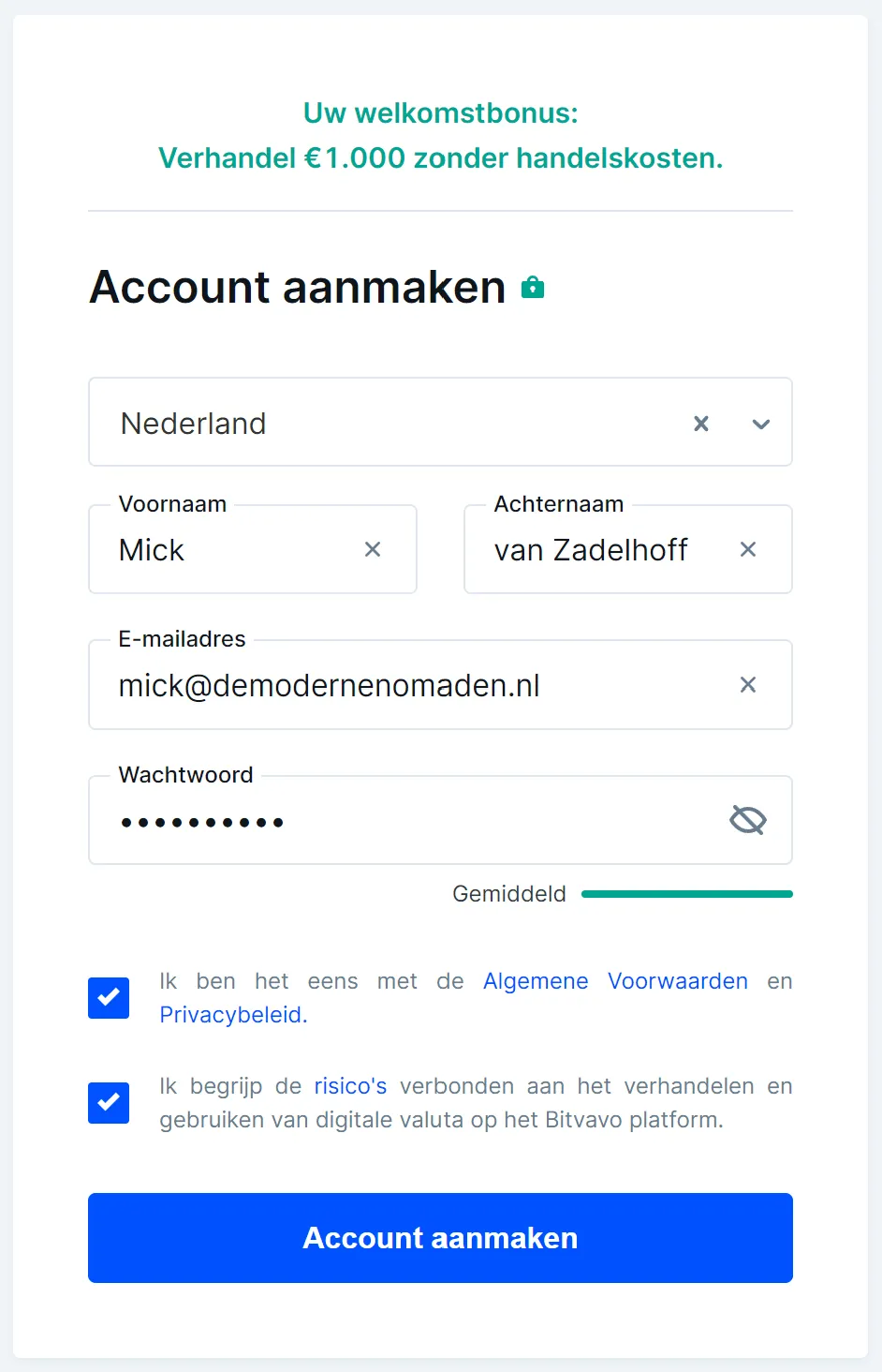Account aanmaken op Bitvavo