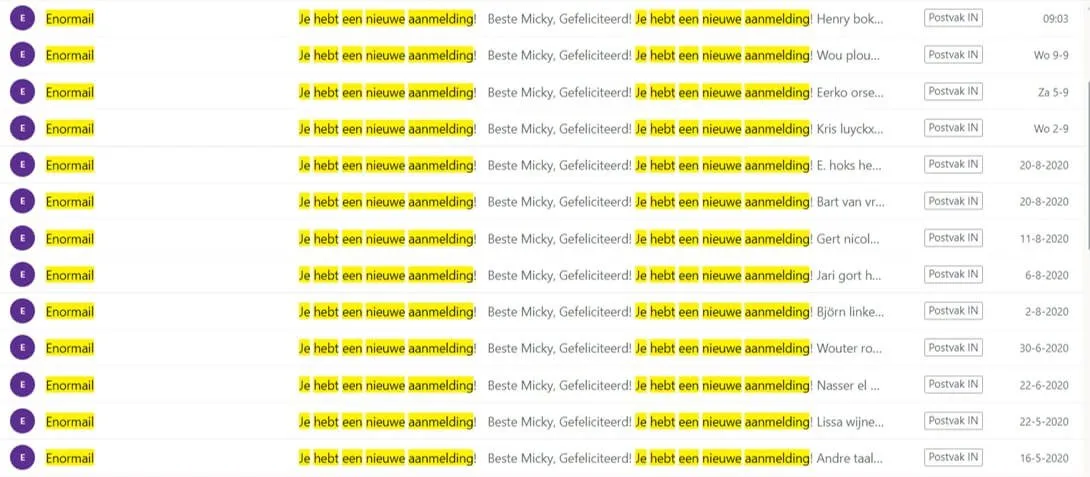 Mailtjes met terugkerende commissies van één programma (screenshot uit 2023 of eerder) Affiliate inkomsten