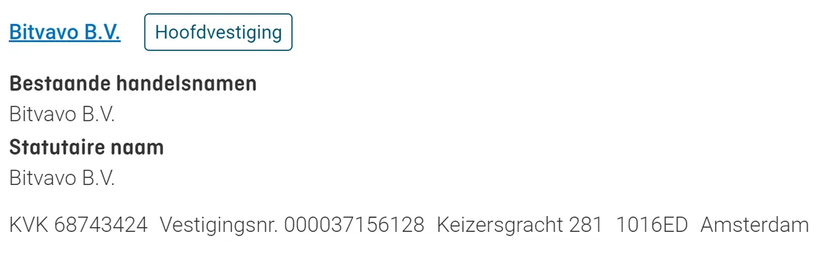 Bitvavo KVK inschrijving