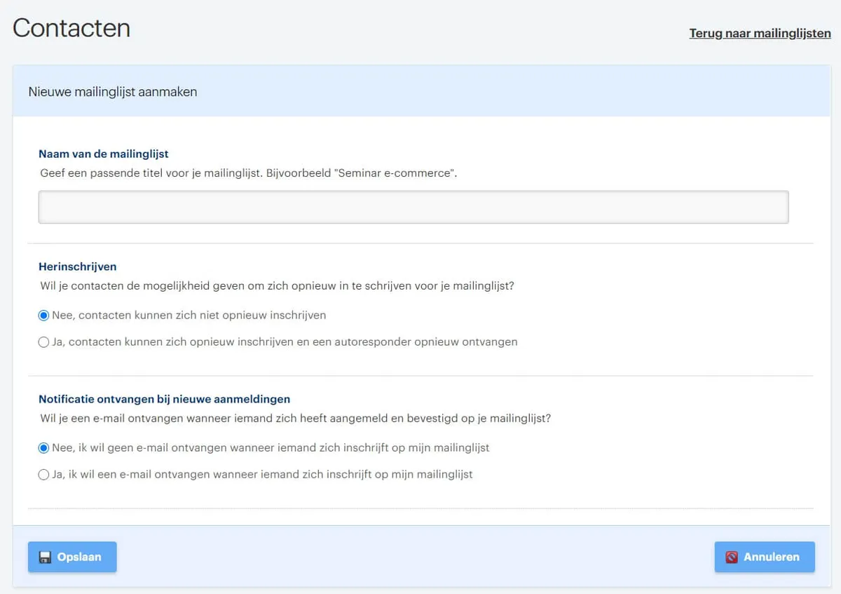 Nieuwe mailinglijst aanmaken