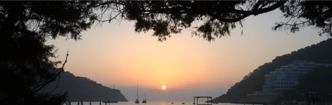zonsongang-strand-ibiza-bomen-heuvels Zonsongang strand ibiza bomen heuvels