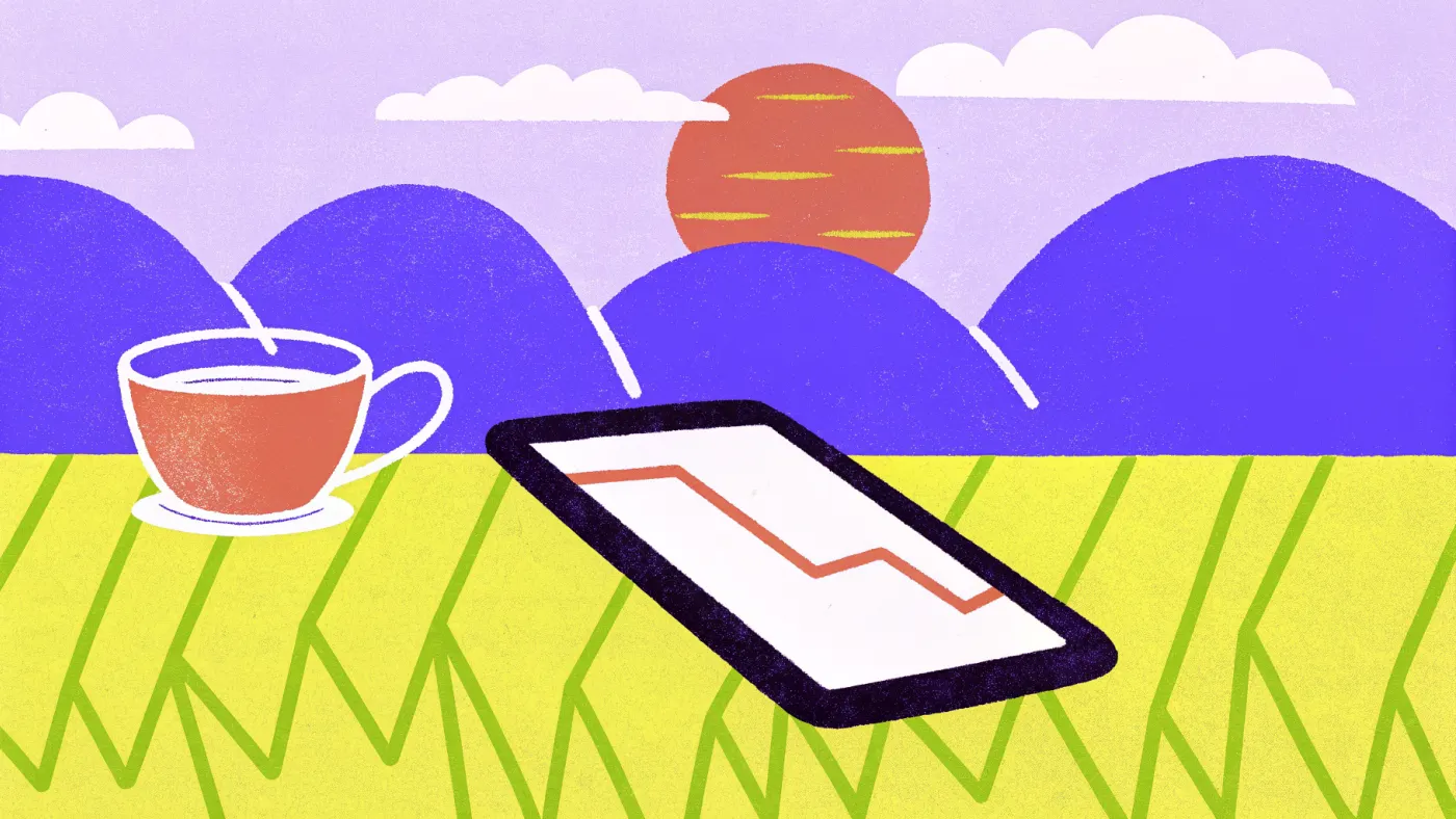 Een broker in 2026: een app, een koffie en vooral veel geduld Een smartphone op een bureau met een stijgende lijngrafiek, naast een kop koffie