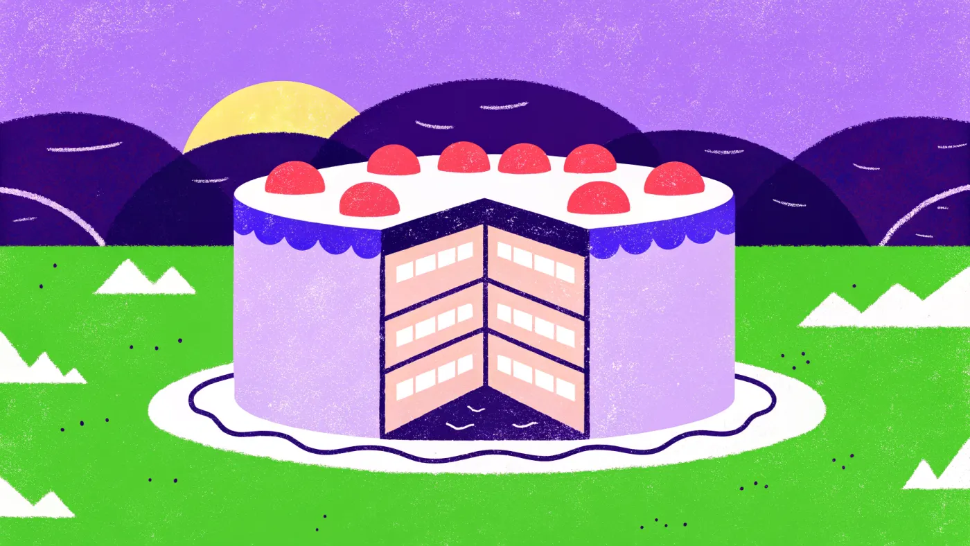 Een aandeel: één punt van de taart is van jou Een gebouw dat als een taart is aangesneden, met één punt op een bordje