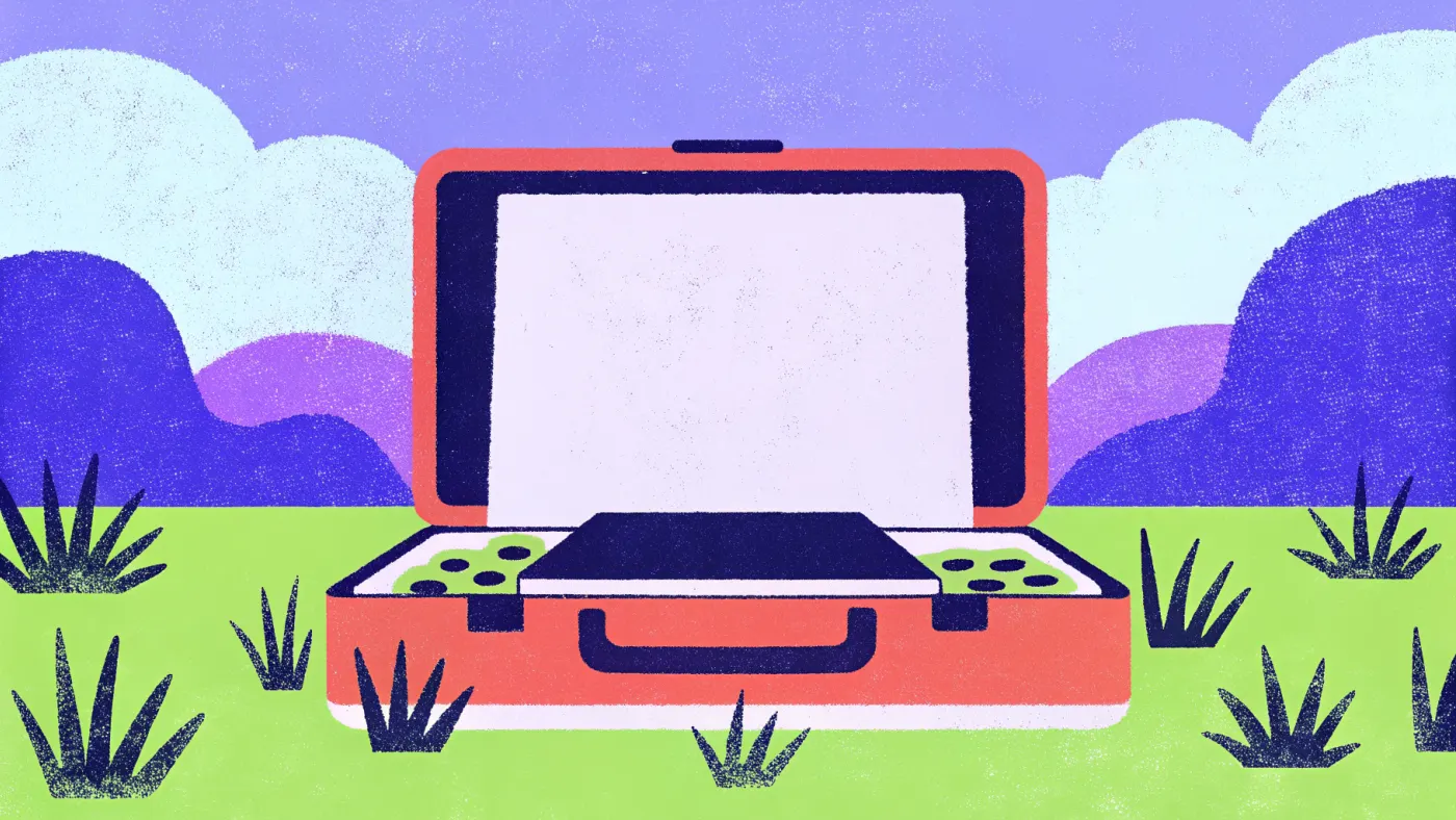 Een blog werkt door terwijl jij onderweg bent Een open koffer met een laptop erin en munten die eruit rollen, op een terras met uitzicht