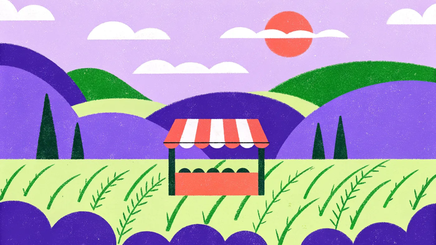 Als aanbieder betaal je pas als er verkocht is Een marktkraam met een laptop als toonbank en een rij munten, op een zonnig plein
