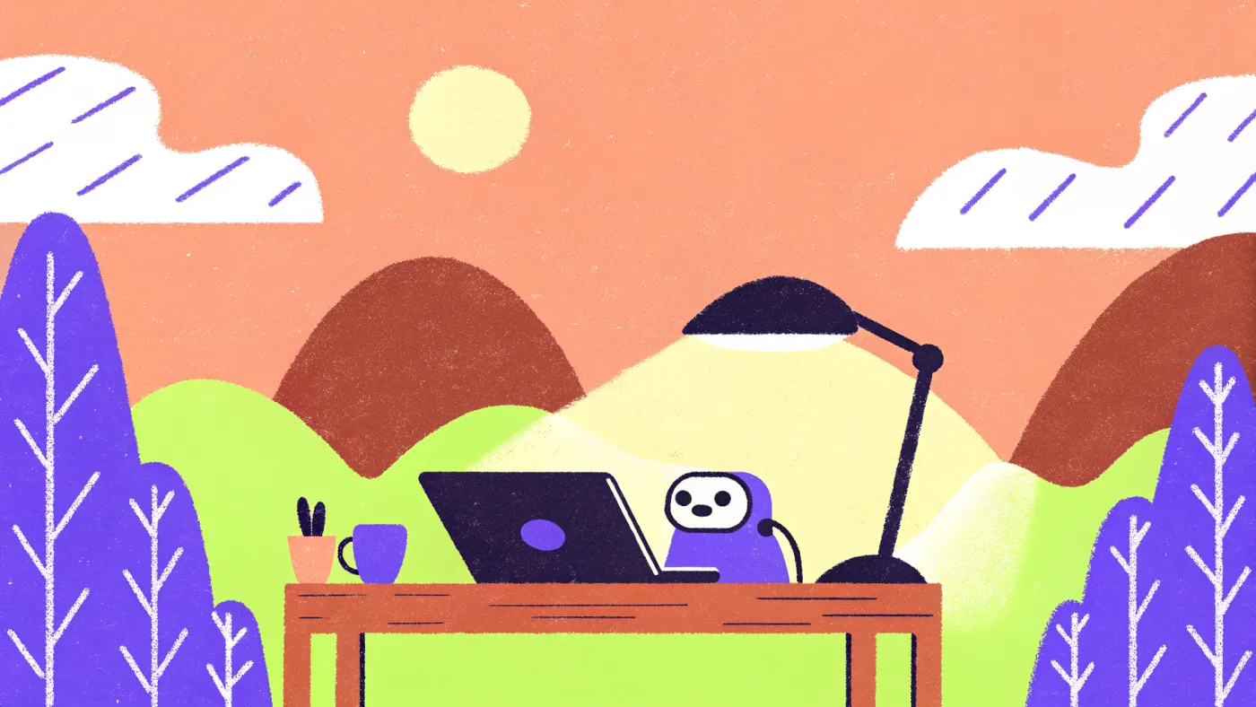 Een vriendelijke kleine robot naast een laptop op een bureau, met een koffiekop ernaast