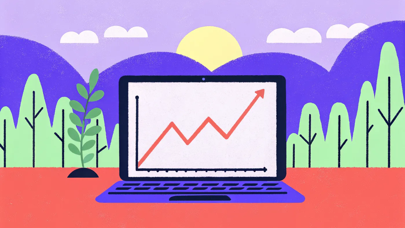 Artikelen groeien door, ook in de maanden dat je even niets doet Een laptop op een bureau waar een jong plantje uit het toetsenbord groeit, op het scherm een stijgende lijn