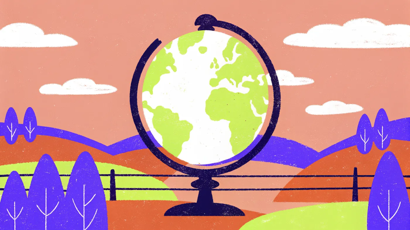 Een wereldbol met een muntje erop en een hek om Europa heen