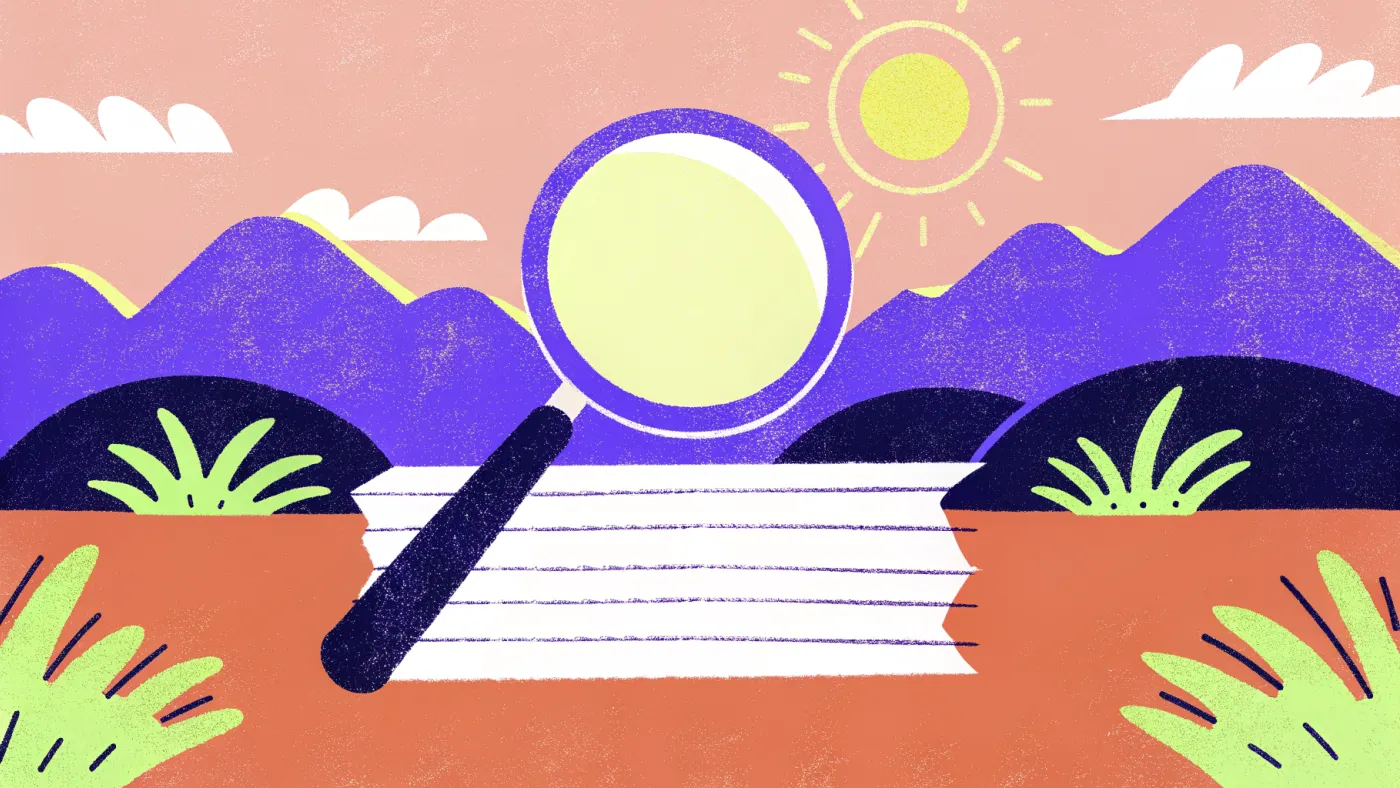Google: één artikel dat precies een vraag beantwoordt, wordt gevonden Een vergrootglas boven een stapel papieren waarvan er één oplicht
