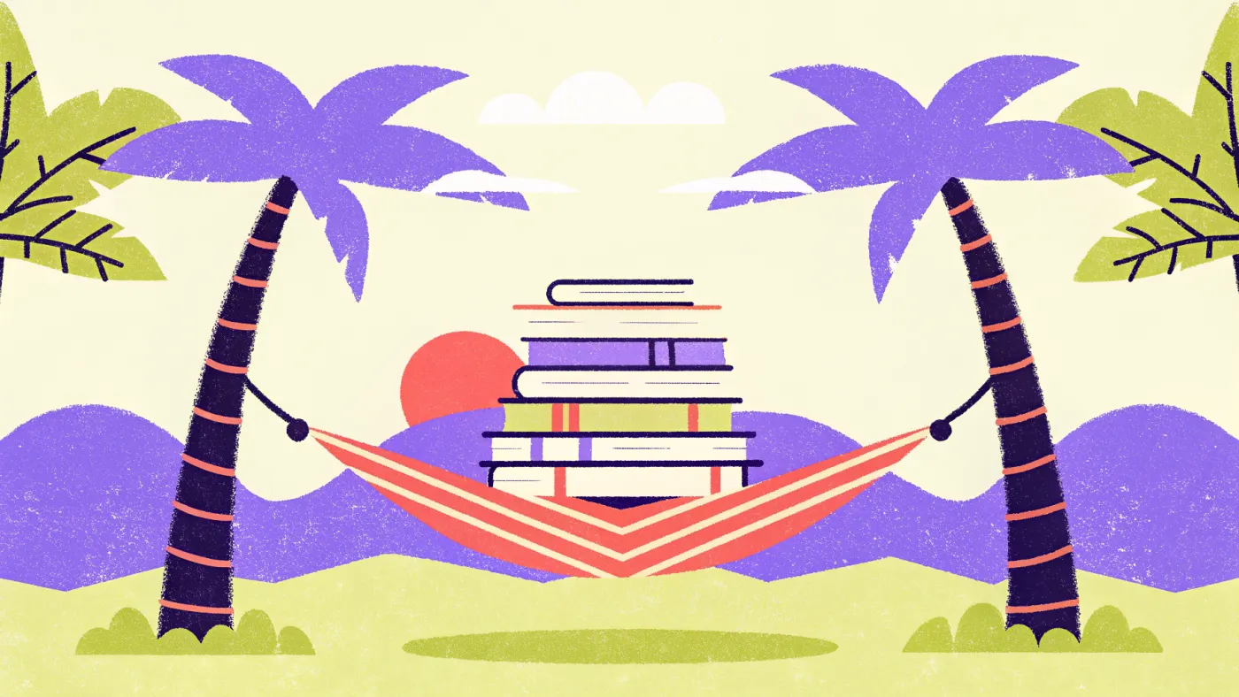 Een stapel boeken in een hangmat tussen twee palmbomen