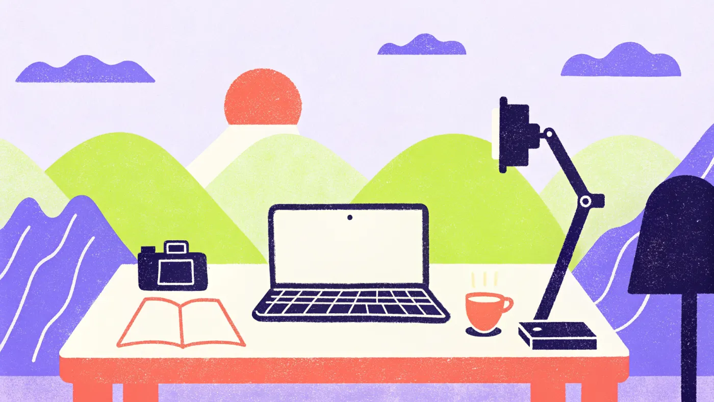 Een bureau met een laptop, een camera op een statief, een microfoon, een notitieboek en een kop koffie