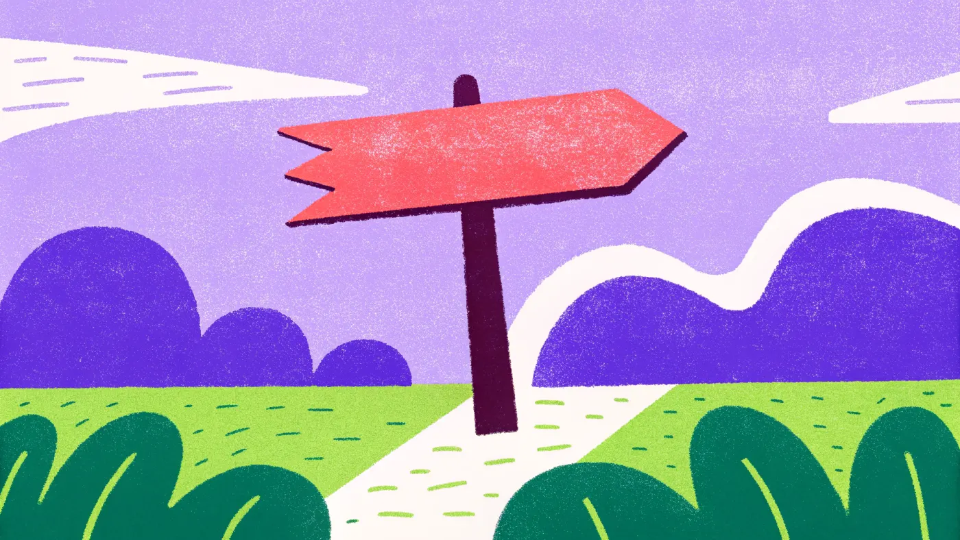 Een wegwijzer met veel pijlen in de mist, waarvan één pijl helder verlicht is