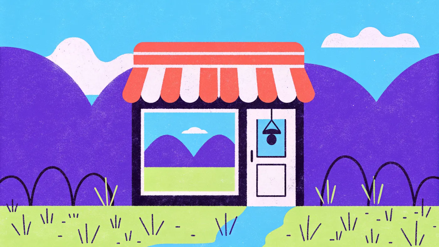 Een etalage in de vorm van een browservenster, met een bel en een open-bordje