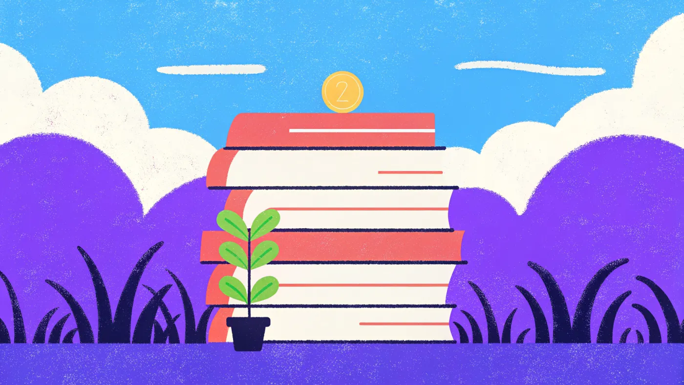 Eerst begrijpen, dan pas inleggen Een stapel boeken met een gouden munt bovenop, naast een klein plantje in een pot