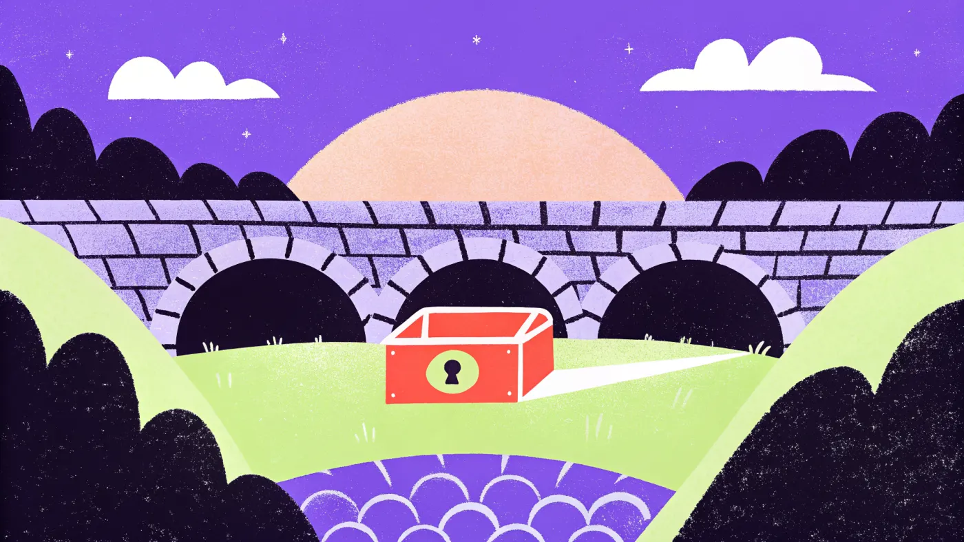 De zwakke plek van DeFi in 2026 zat niet in de blockchain, maar in bruggen, rechten en sleutels Een opengebroken hangslot op een gloeiende schatkist, ernaast een lege brug