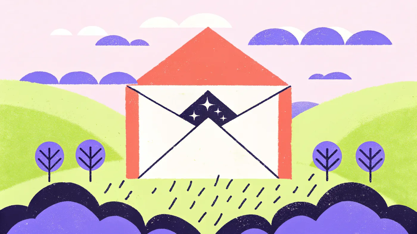 Een open envelop waar een klein gloeiend boek uit zweeft