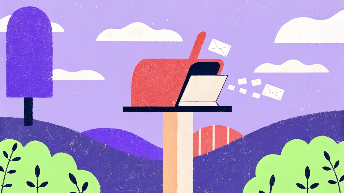 Een rode brievenbus op een paal waaruit een stroom enveloppen naar een open laptop vliegt