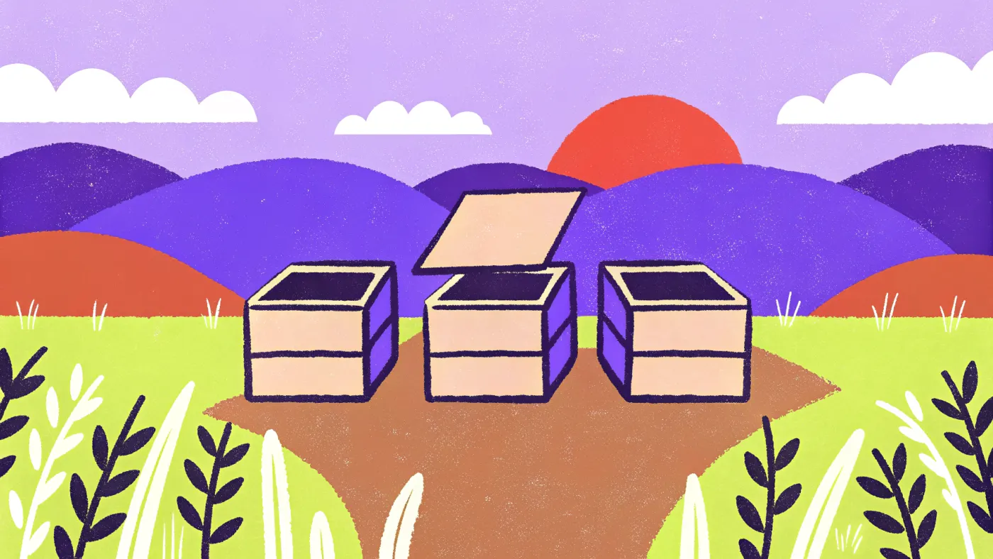 Een rij enveloppen die op gekleurde labels in drie bakjes worden gesorteerd, één envelop nog in de lucht