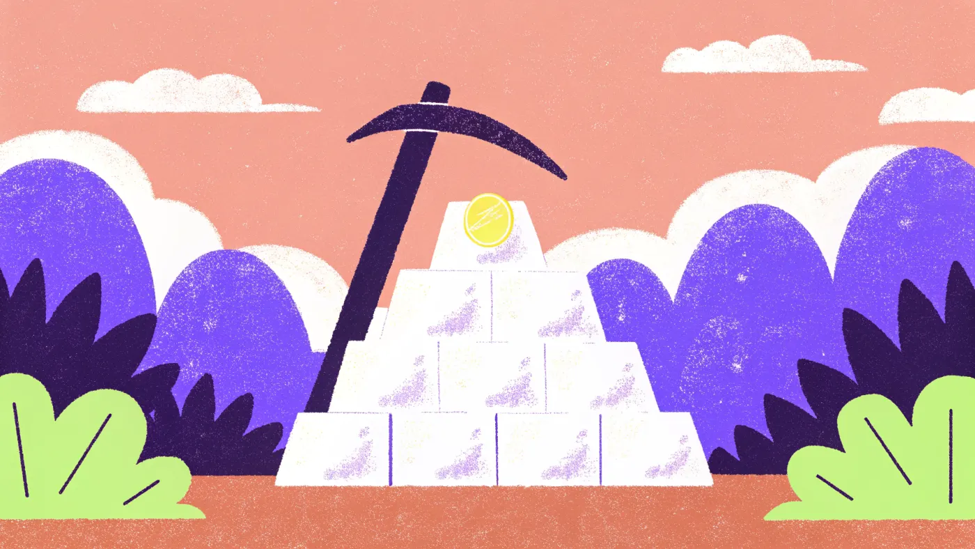 Miners doen het werk; de halving bepaalt wat ze ervoor krijgen Een pikhouweel dat leunt tegen een stapel gloeiende blokken, met een klein muntje bovenop