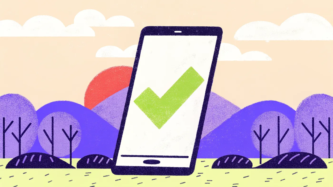 Een paspoort en een smartphone met een groen vinkje op het scherm, naast elkaar op tafel