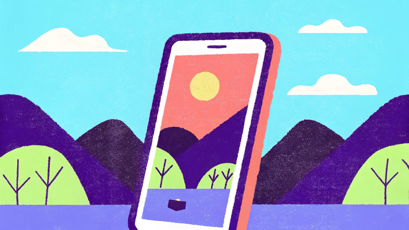 Een smartphone met een bankapp waar een gouden munt uit vliegt naar een klein portemonneetje