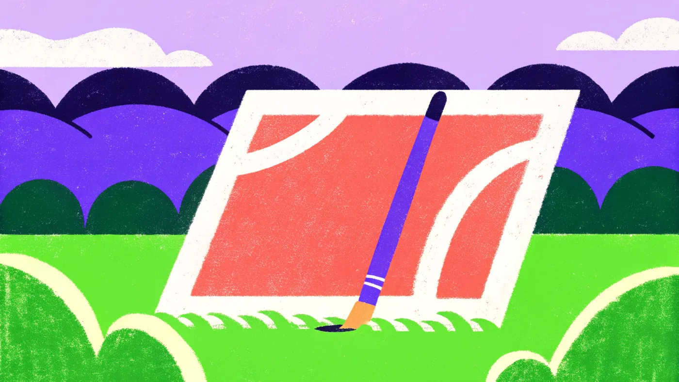 Een grote kaart met een felle achtergrond, een uitgesneden gezicht en drie grote letters, met een penseel ernaast
