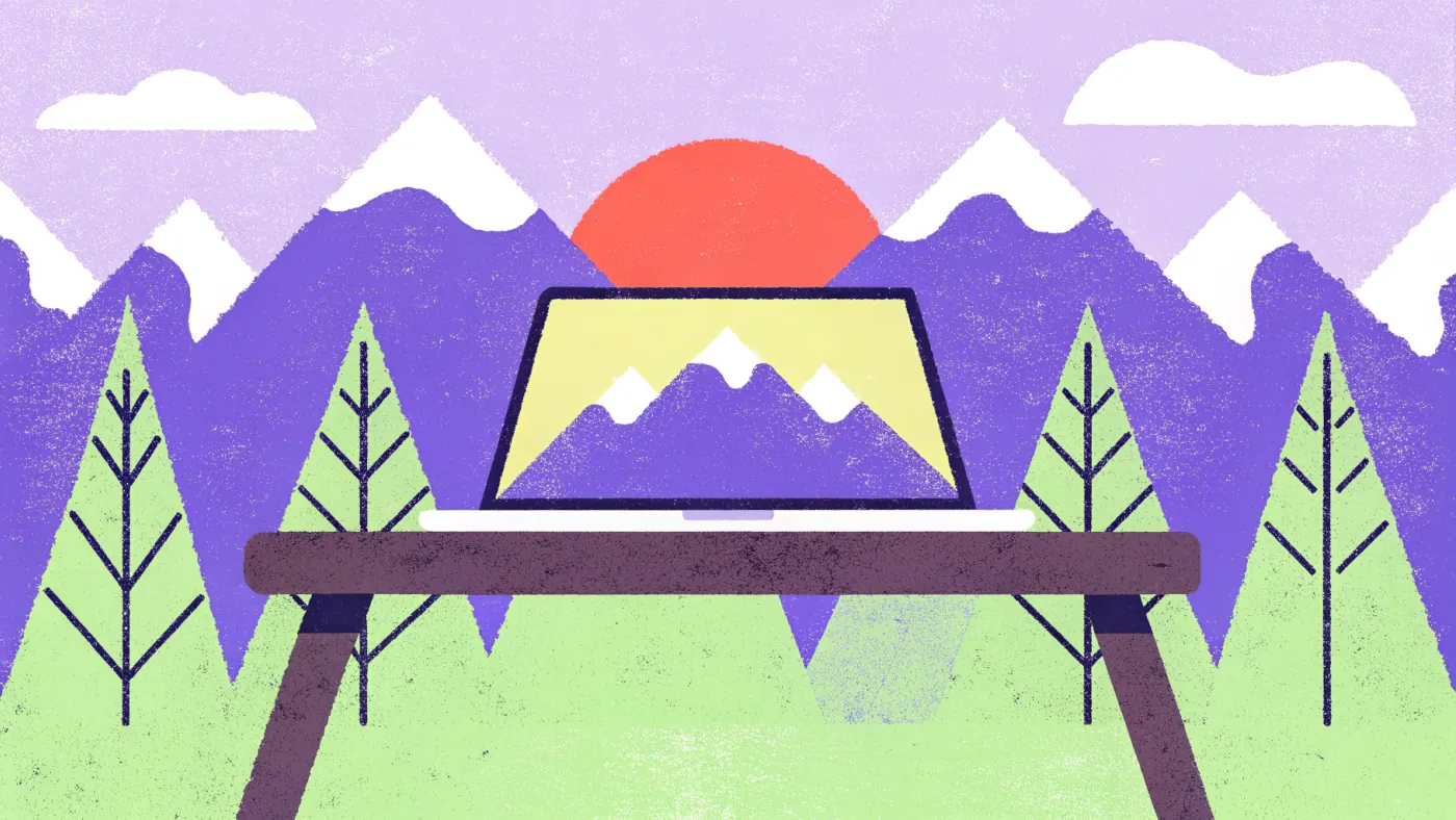 De Tatra's: twee uur van Krakau, en de beste plek om een week vanuit een berghut te werken Een laptop op een houten balkontafel van een berghut met besneeuwde bergtoppen en een dennenbos op de achtergrond