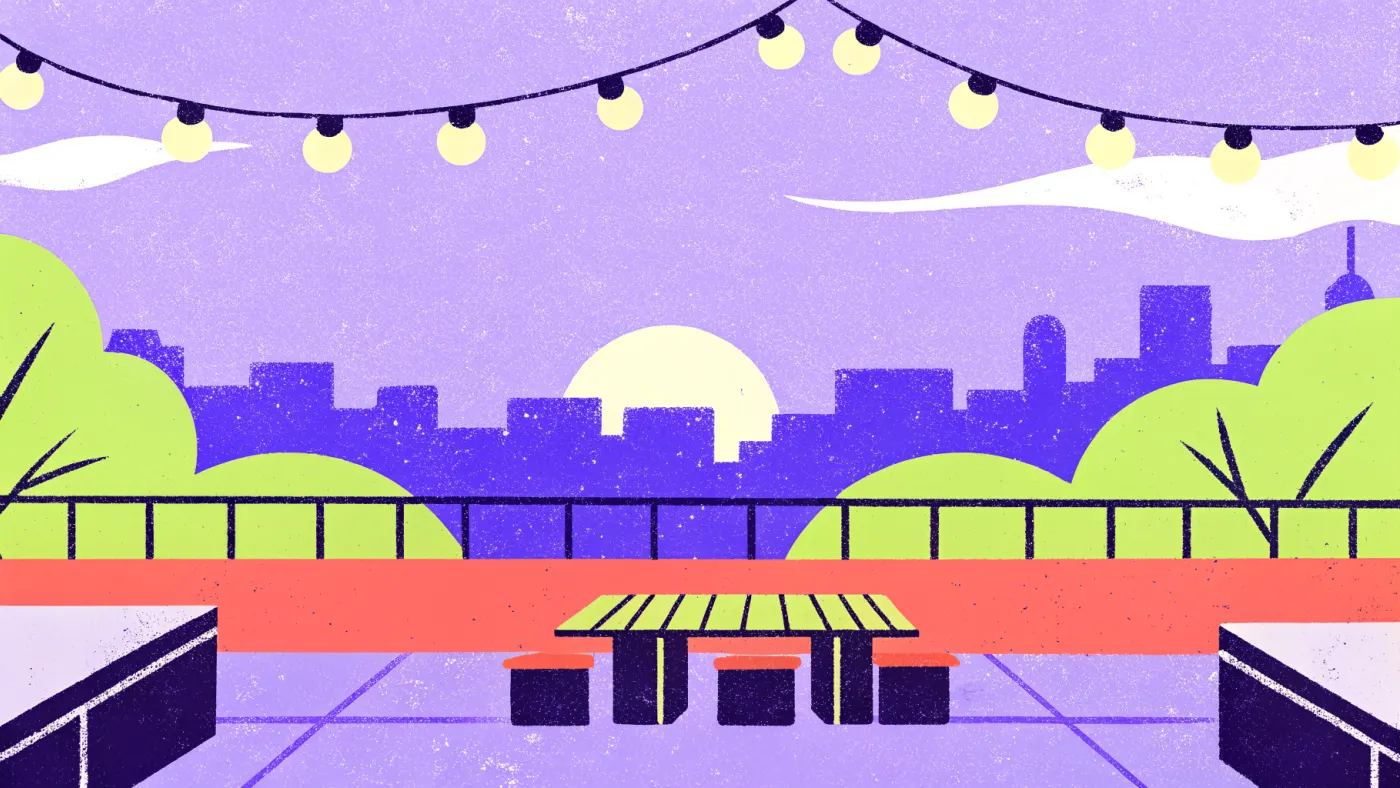 Het dak van de parkeergarage in Peckham: gratis uitzicht over Londen Een dakterras op een parkeergarage met lichtjes en de skyline