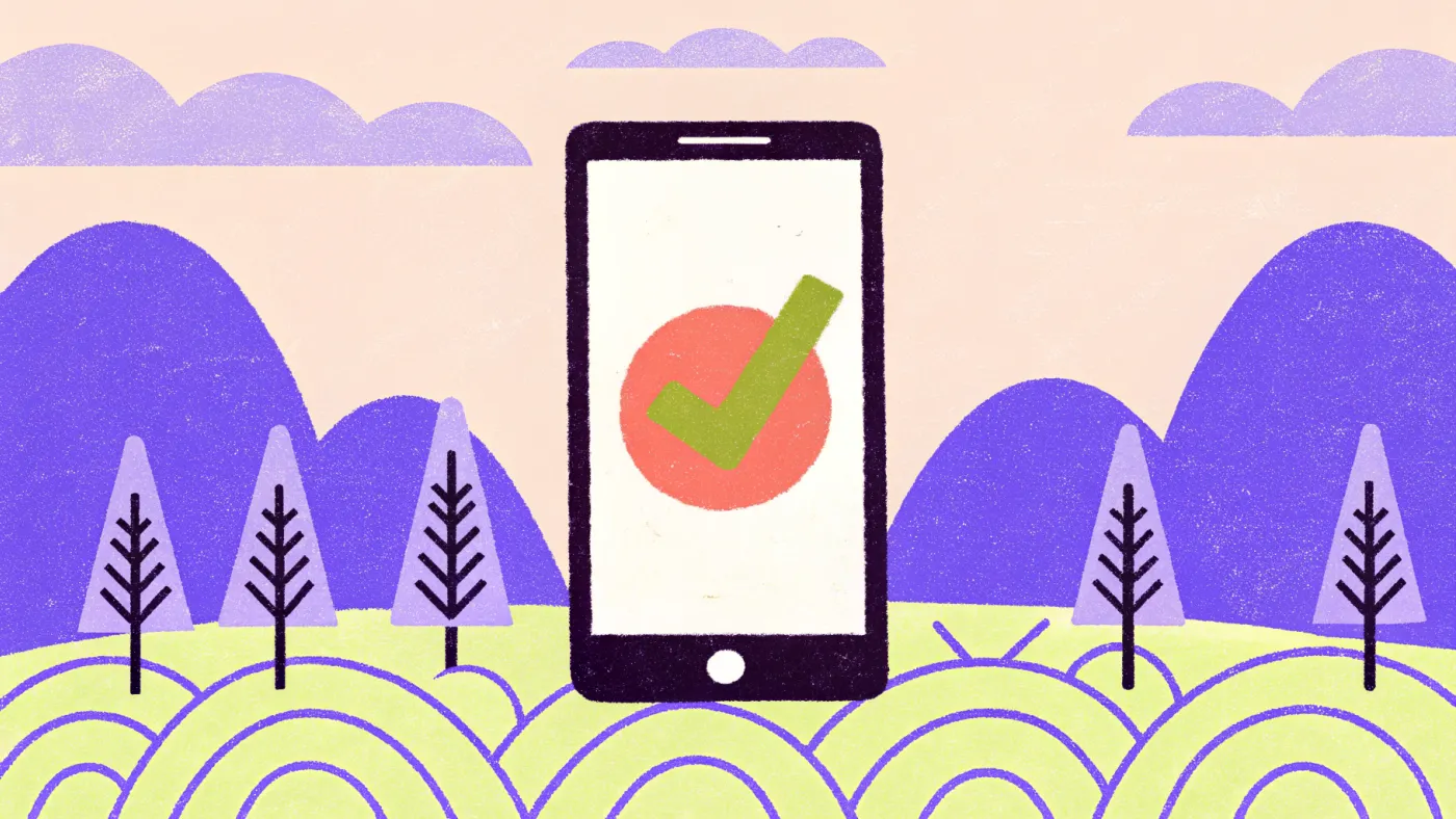 De ETA vraag je aan in de app, met je paspoort erbij Een paspoort naast een telefoon met een groen vinkje