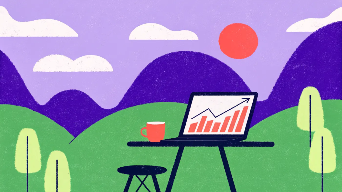 Online marketing: overal waar wifi is Een open laptop op een zonnig terras met een kop koffie en een stijgende grafiek op het scherm
