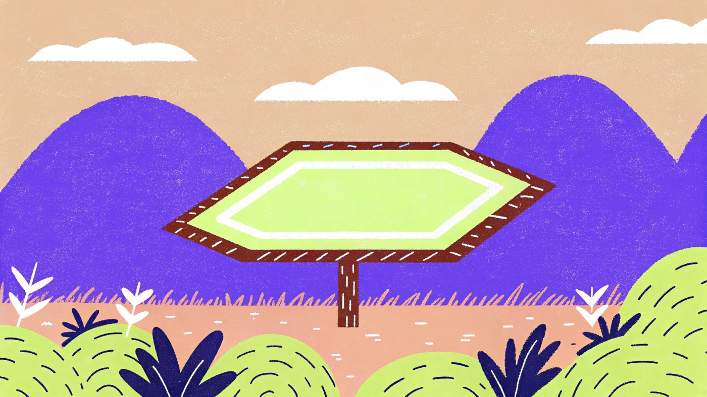 Mijn stuk land in 2026: nog steeds van mij, nog steeds leeg Een klein omheind stuk gloeiend voxel-land in een donkere leegte met een lege wegwijzer