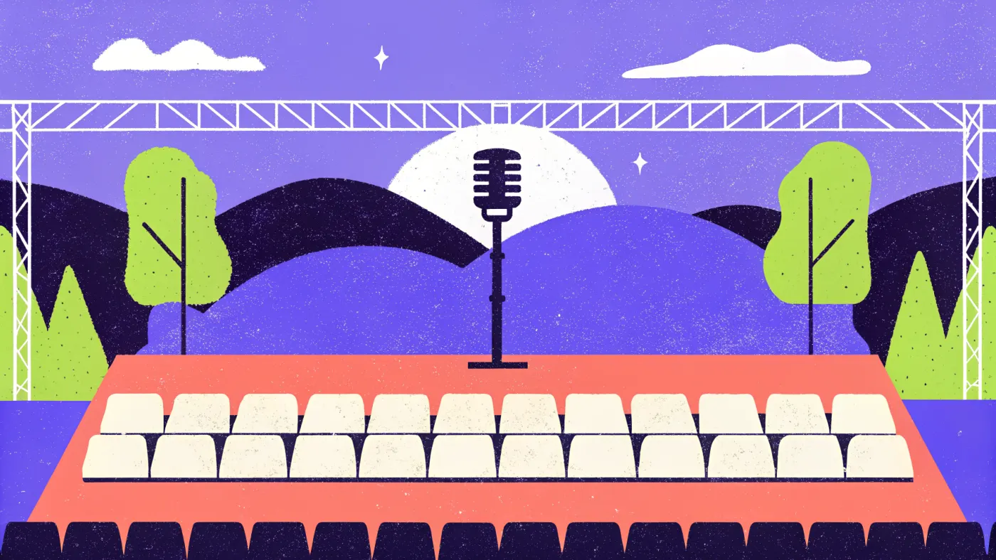 Events in de cryptometaverse: het podium staat er, het publiek zit bij Fortnite Een virtueel concertpodium met neonlicht en rijen lege stoelen