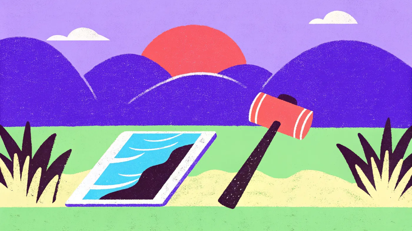 Digitale kunst kreeg met NFT's voor het eerst een echtheidsbewijs Een veilinghamer naast een tablet met een digitaal kunstwerk