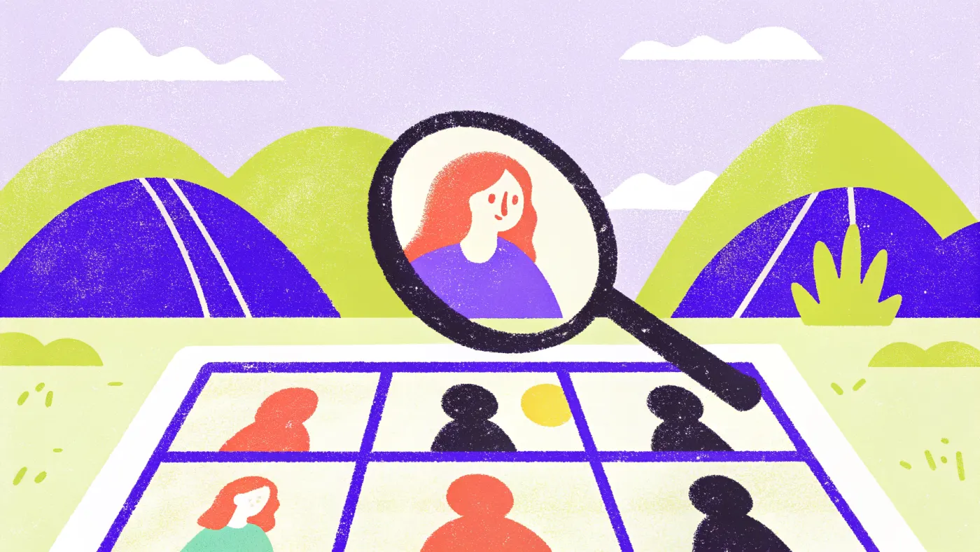 Research: het enige verschil tussen een gok en een keuze Een vergrootglas boven een raster van kleine pixelportretten