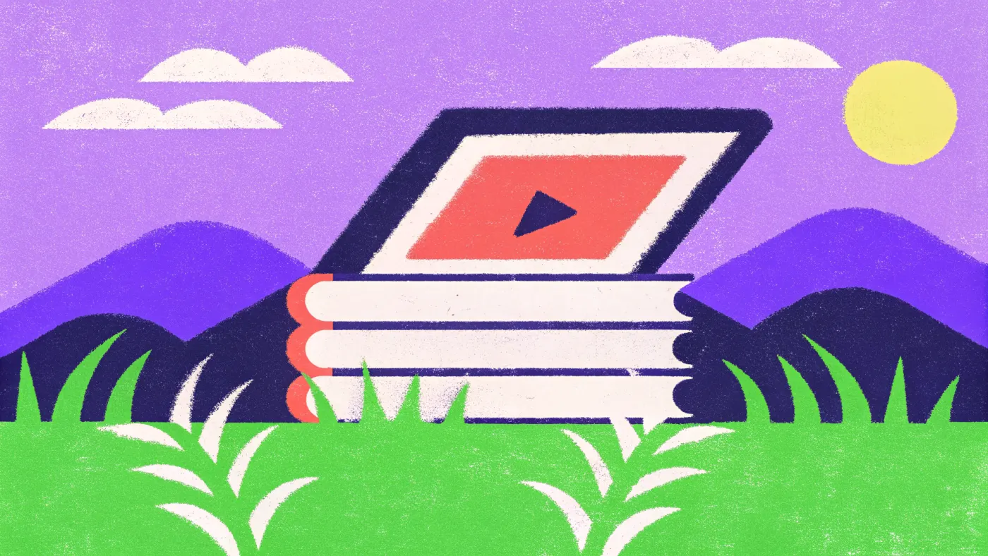 Een stapel boeken waaruit een gloeiend videoscherm oprijst