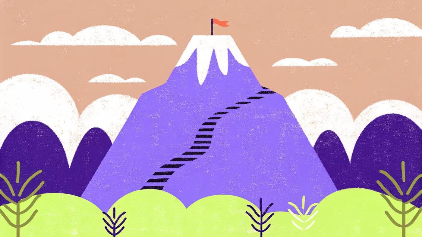 Een berg met een vlag op de top en een lange, slingerende trap ernaartoe