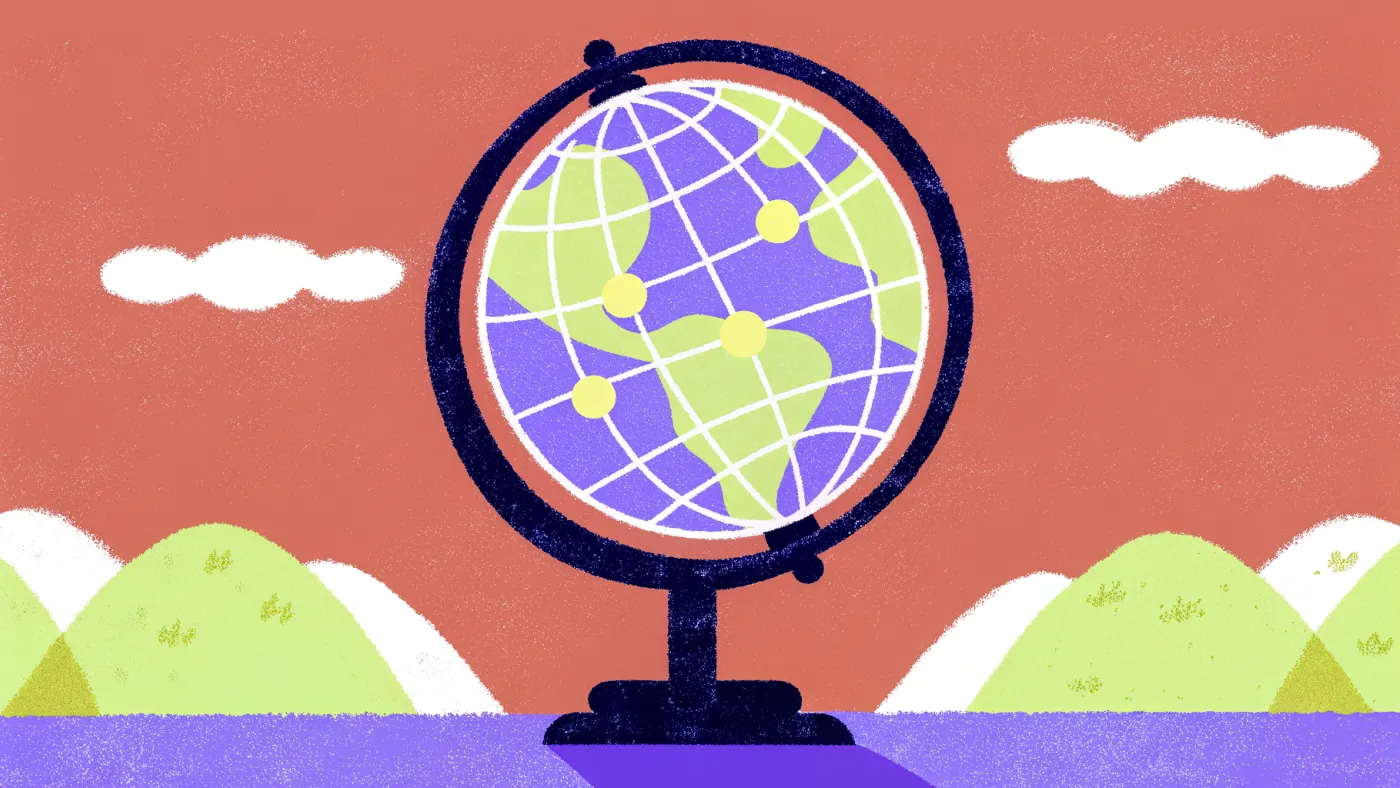 Elf datacenters in acht landen, waaronder één in Nederland Een wereldbol op een bureau met kleine oplichtende speldjes op acht plekken, verbonden door dunne lijnen
