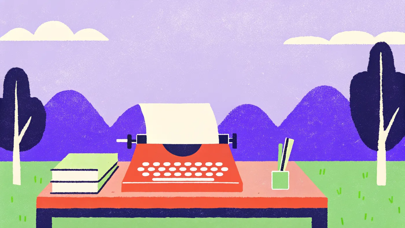 AI schrijft de eerste versie, jij de versie die verkoopt Een oude typemachine en een laptop naast elkaar op een bureau, één vel papier loopt van de een naar de ander