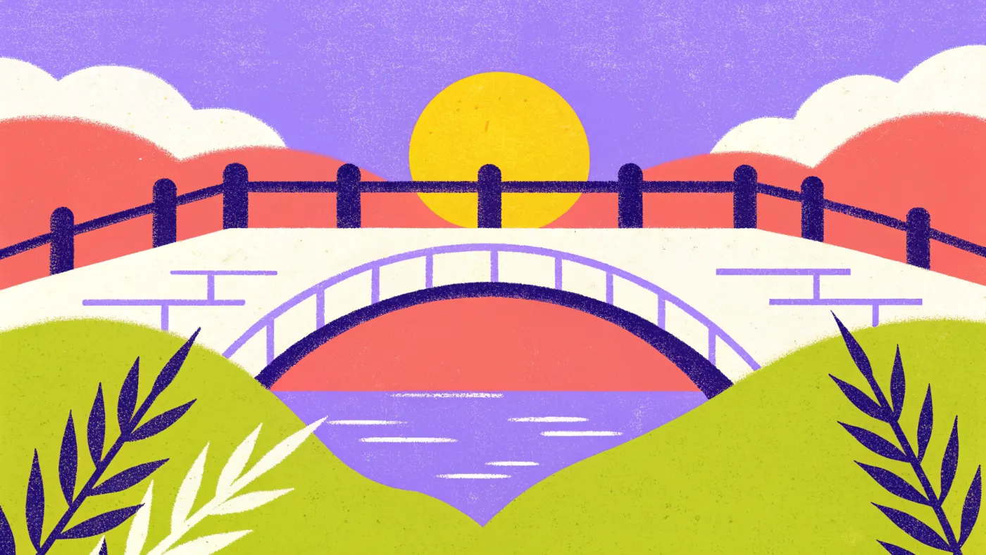 Een brug tussen twee oevers met verschillende letters