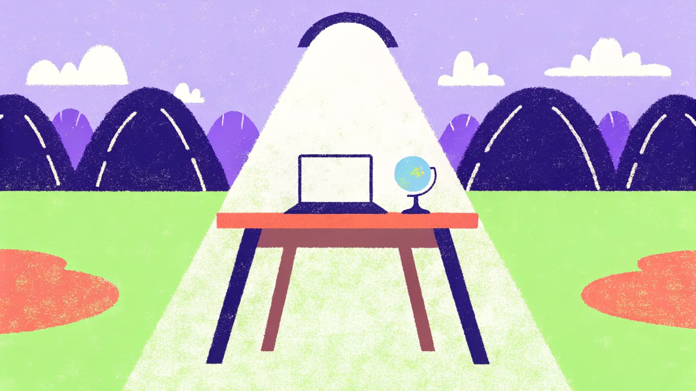 Een VPN: een versleutelde tunnel van jouw laptop naar een server ergens anders op de wereld Een laptop op een houten tafel met een gloeiende tunnel die van de laptop naar een wereldbol loopt