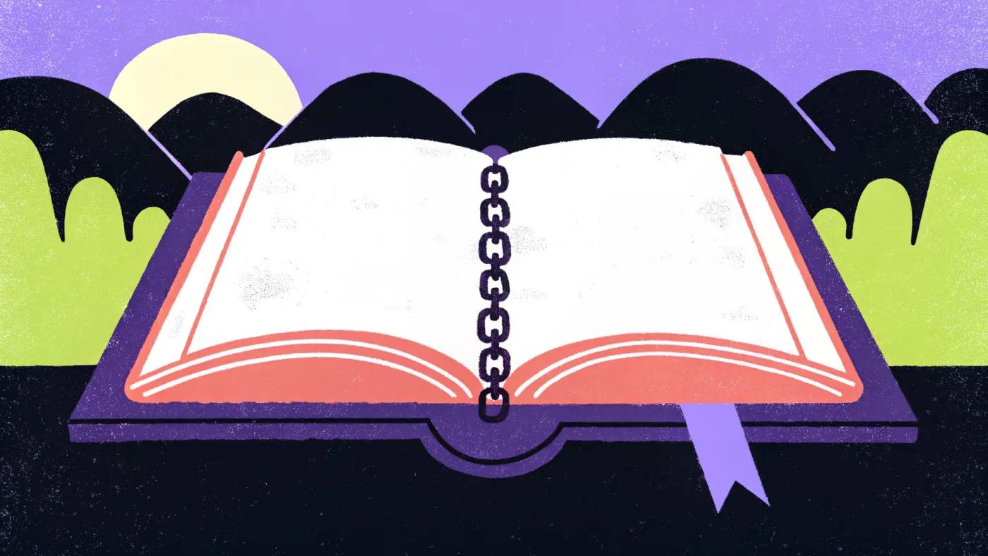 De blockchain: één grootboek dat duizenden computers samen bijhouden Een groot opengeslagen kasboek waarvan de pagina's met kettingschakels aan elkaar zitten