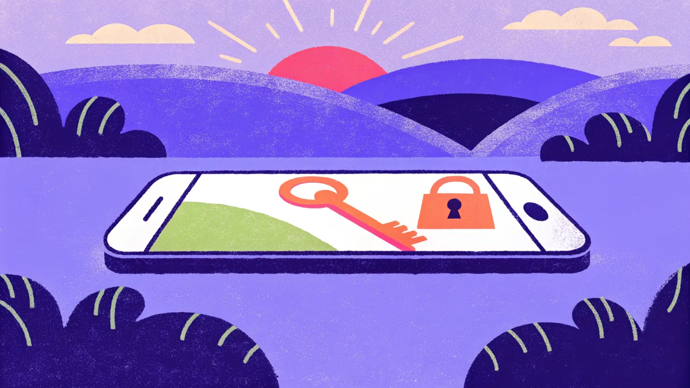 Wie de sleutel heeft, heeft de munten. Bewaar hem dus goed Een sleutel en een hangslot die op het scherm van een smartphone liggen