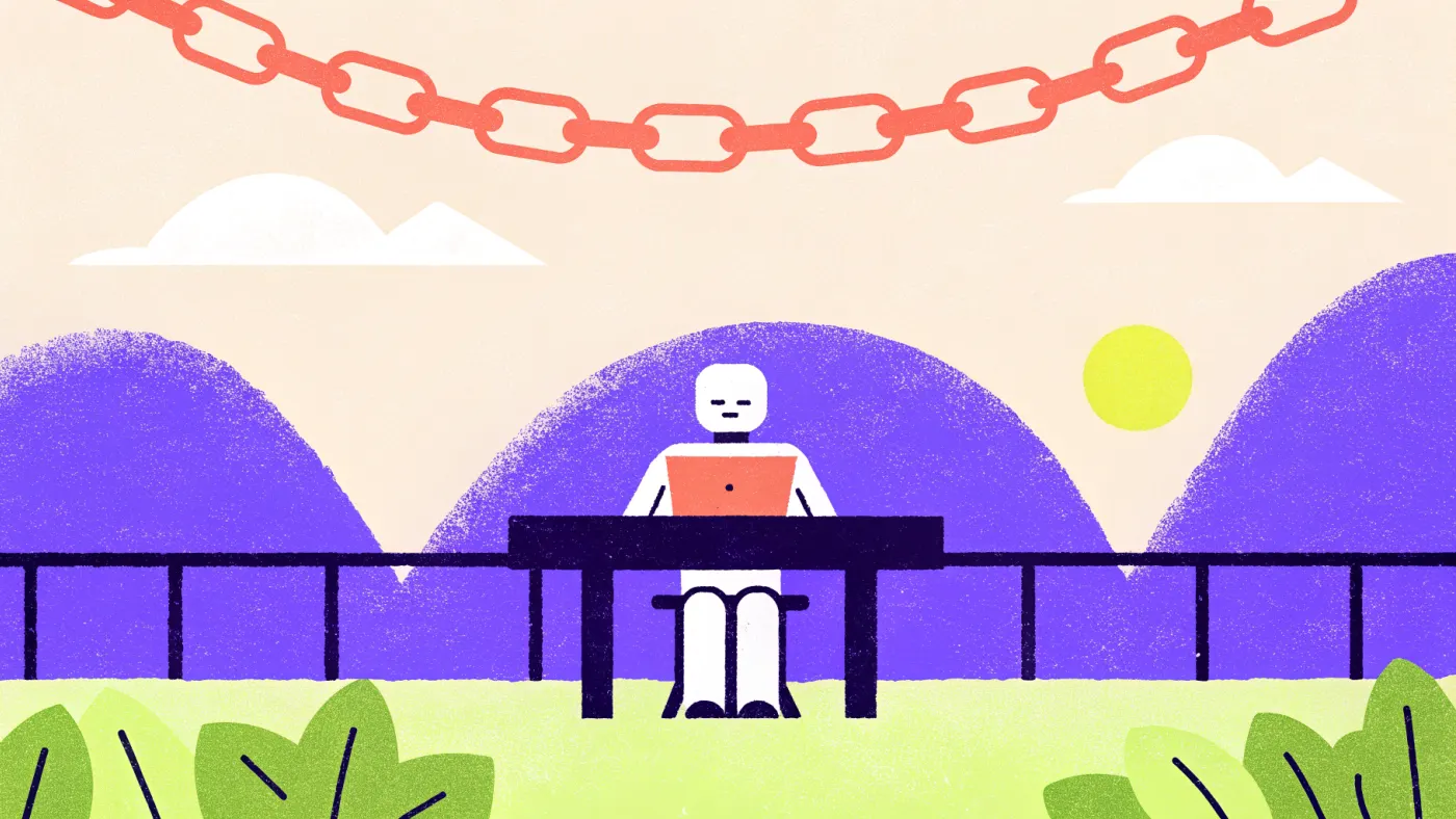 AI won, de blockchain bleef aan de muur hangen Een kleine robot die op een laptop typt terwijl een ongebruikte ketting van blokken aan de muur hangt