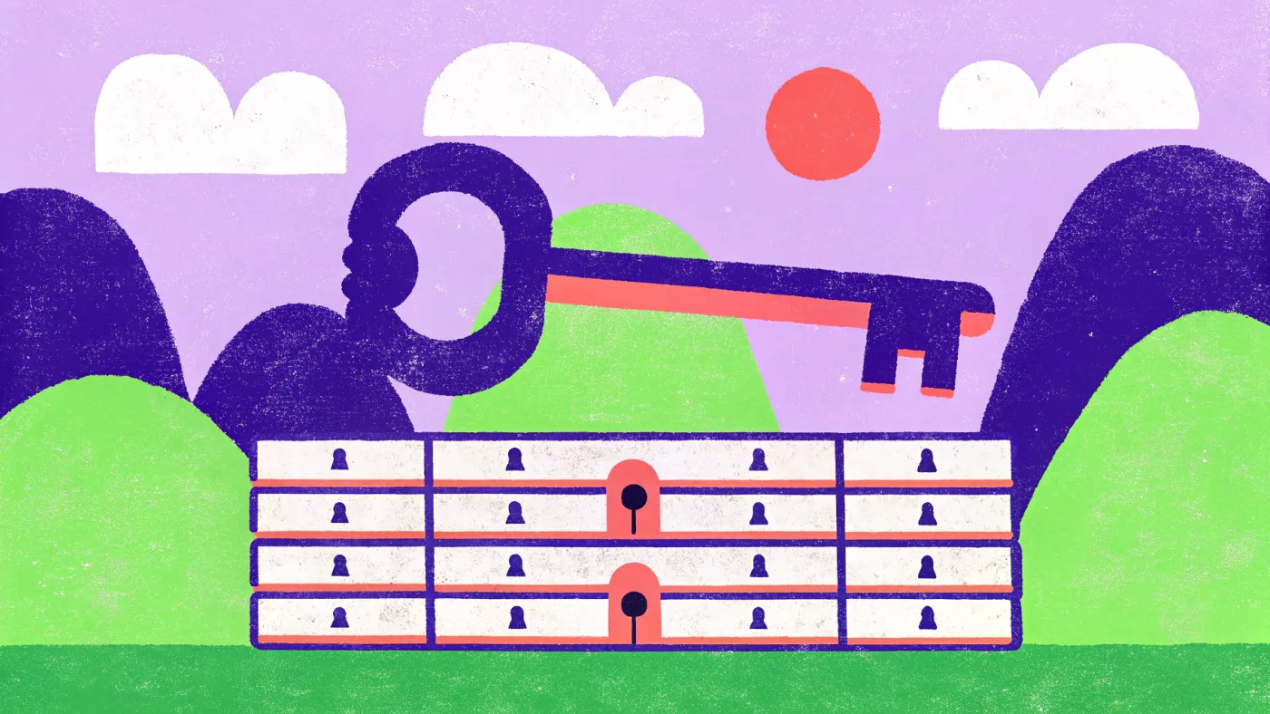 Je eigen sleutel: het stukje web 3 dat bij crypto wél werkt Een grote koperen sleutel op een stapel servers met kleine hangsloten