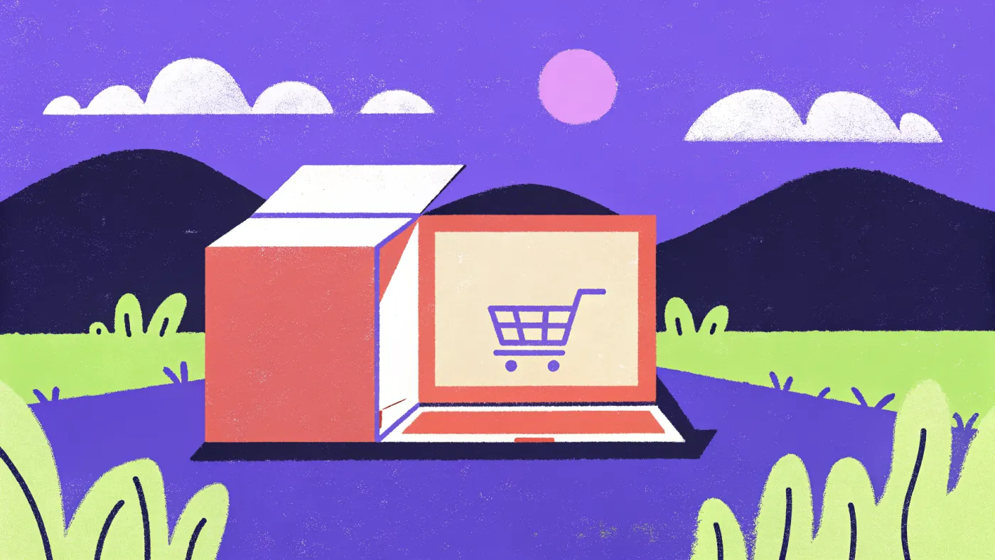 Een verzenddoos met een winkelwagen-icoon naast een laptop met een webwinkel op het scherm