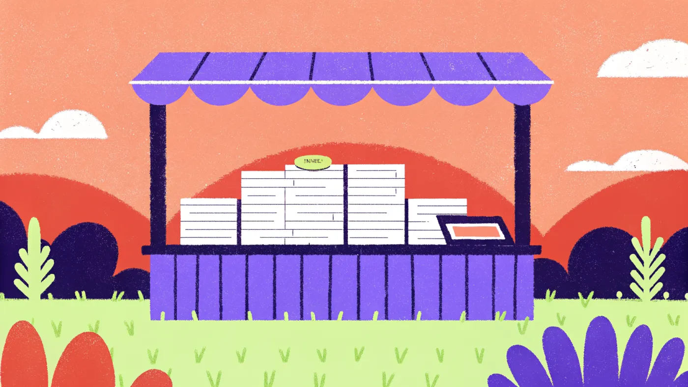 Whitepress: een marktplaats waar bedrijven artikelen kopen en bloggers ze verkopen Een marktkraam met opgestapelde artikelen als koopwaar en een laptop als toonbank