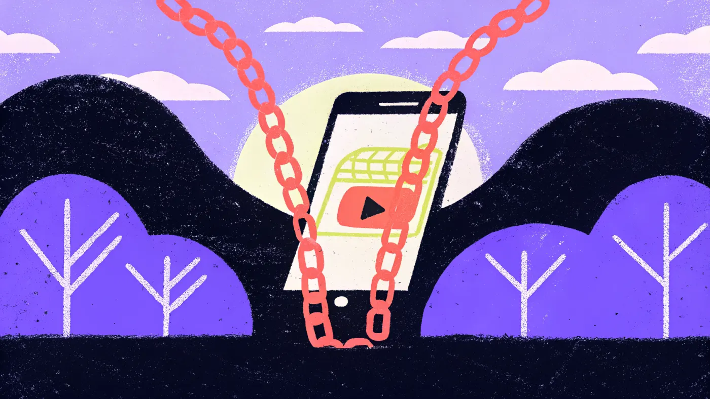 Een smartphone met een videospeler en een link die als een lint naar een winkelmandje loopt