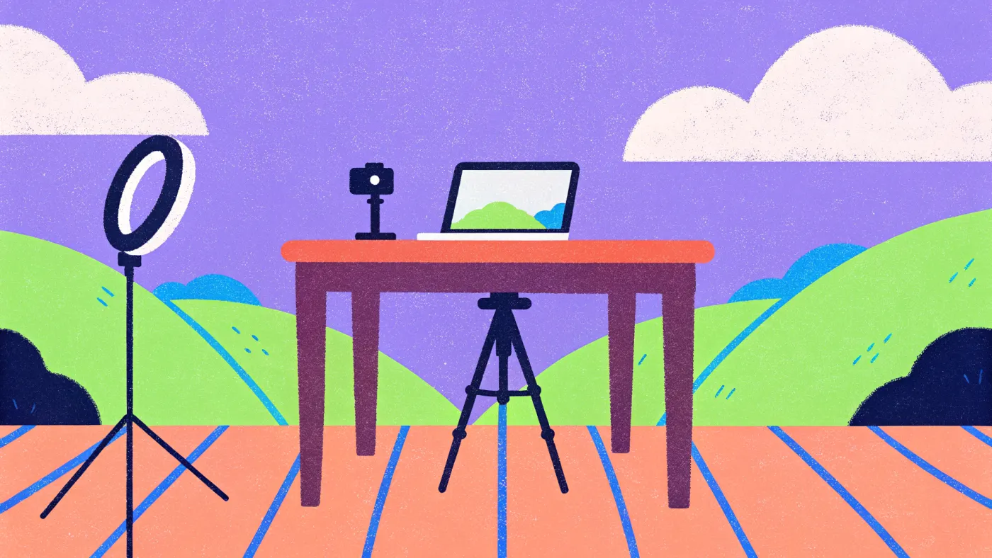 Een camera op een statief gericht op een bureau met een ringlamp en een laptop